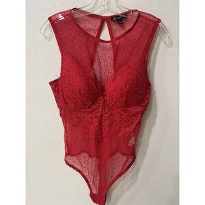 INC International Concepts Red Lace & Mesh Bodysuit Size L Padded cups NEW $50